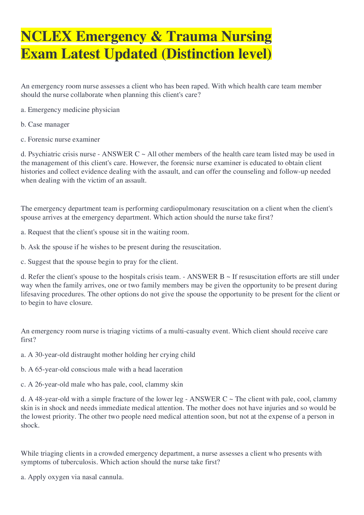 NCLEX Emergency & Trauma Nursing Exam Latest Updated (Distinction level